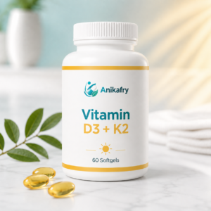 Anikafry Vitamin D3 + K2 softgel bottle concept on a clean white background